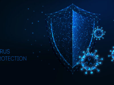 Futuristic virus protection concept with glowing virus cells on dark blue background.